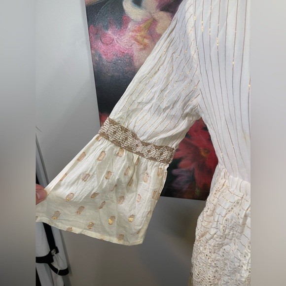 Dress Naoo Cream Boho Gold Stitch Embroidered Cotton Dress Made in India S - Picture 2 of 10